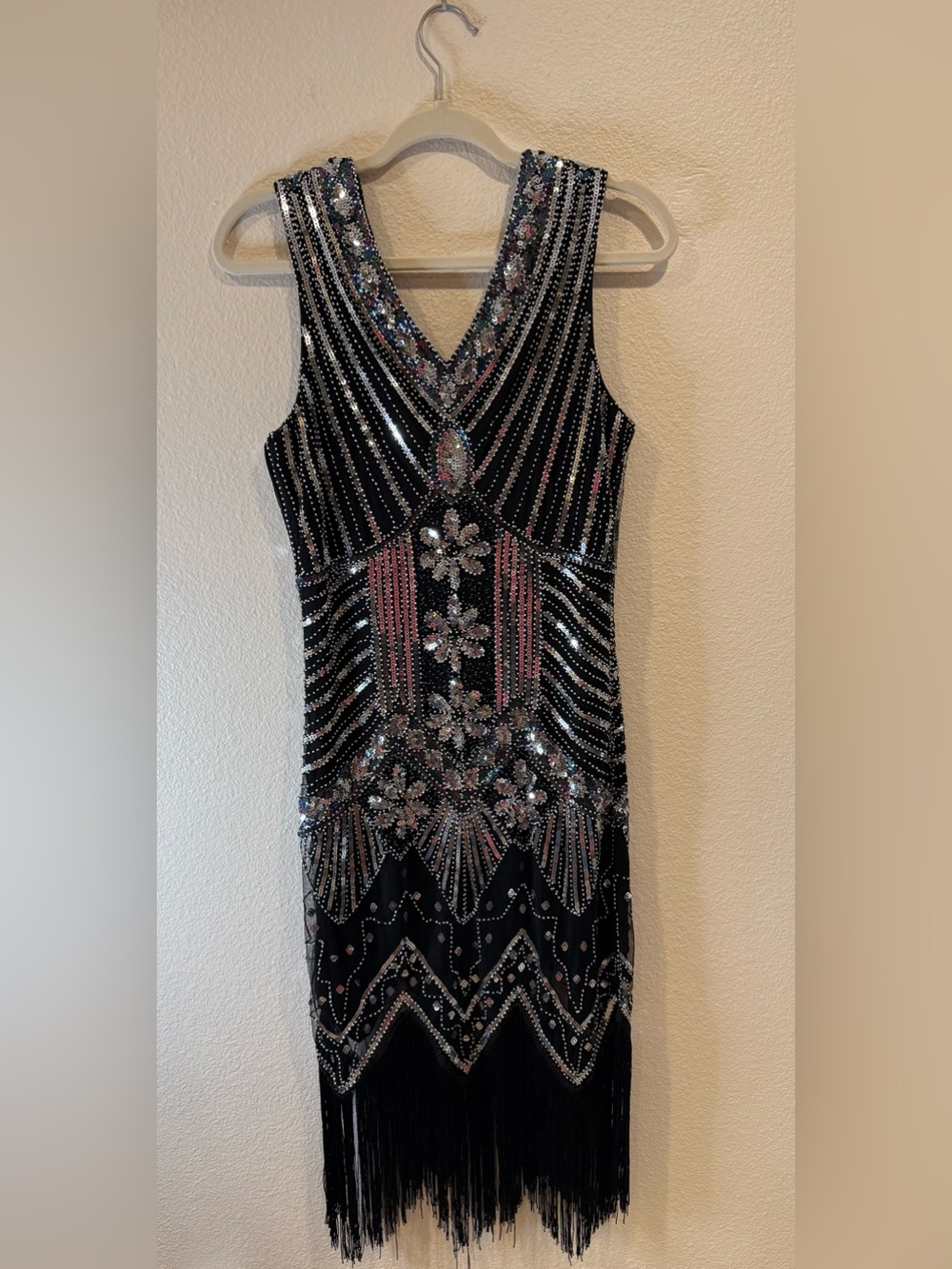 NWOT 1920’s Vintage Style Flapper Dress Sequins Fringe Black Silver Art Deco - Picture 9 of 11